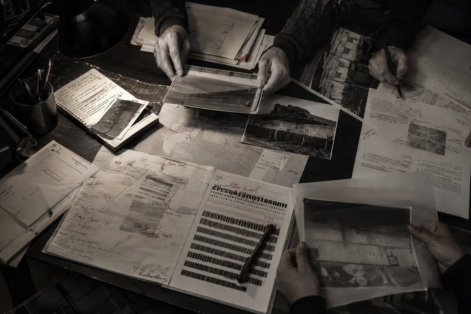 Mesa de investigación con fotografías, documentos, anotaciones y manos trabajando.