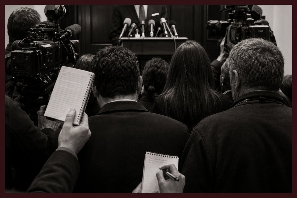 Periodistas, cámaras y micrófonos durante una conferencia de prensa.